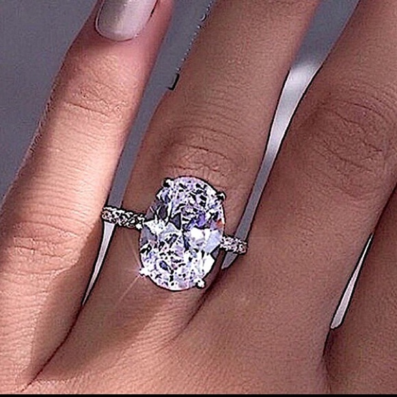 Silver Diamond Zircon Oval Solitaire Ring - Picture 2 of 13